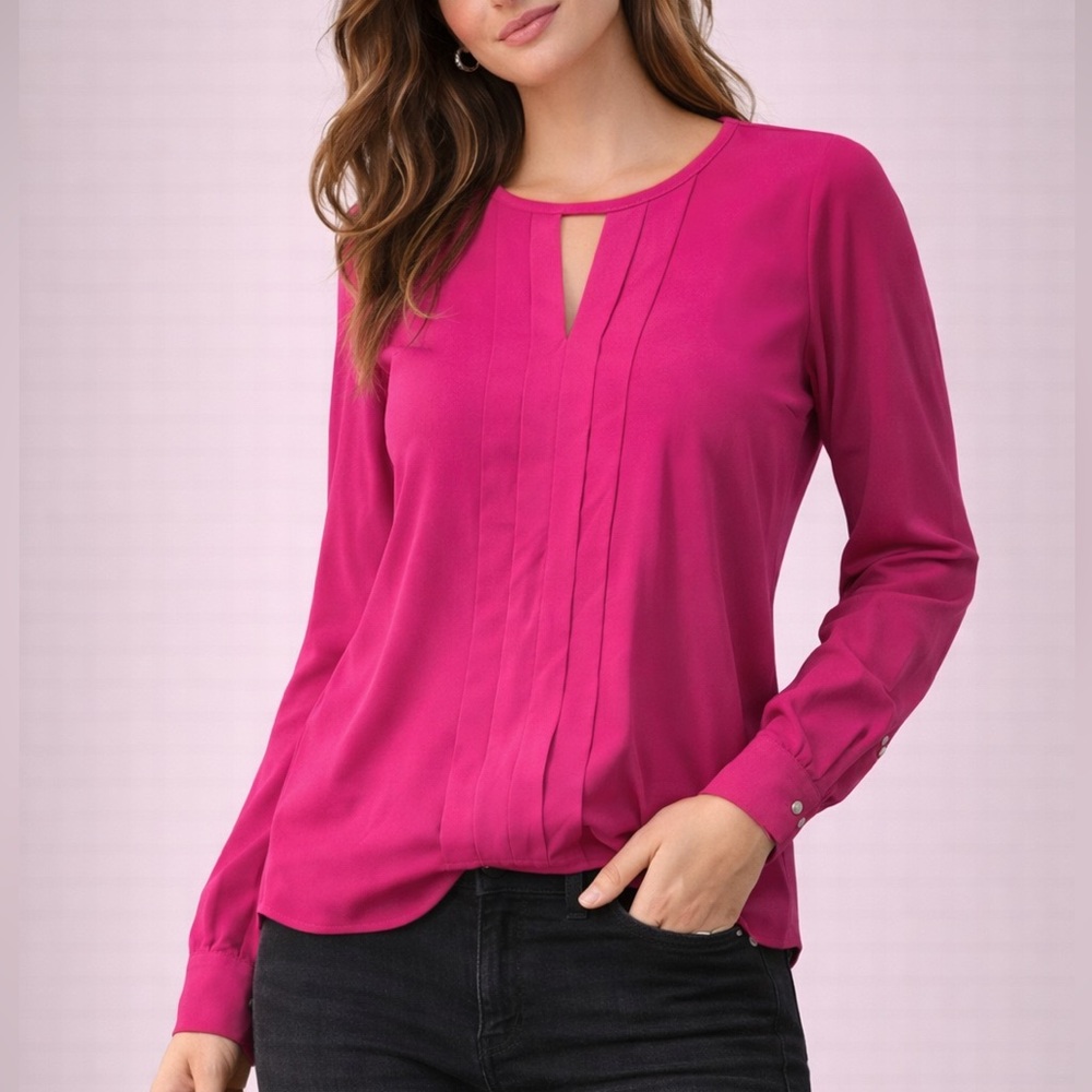 Express Women's Magenta Pleated Long-Sleeve Blouse